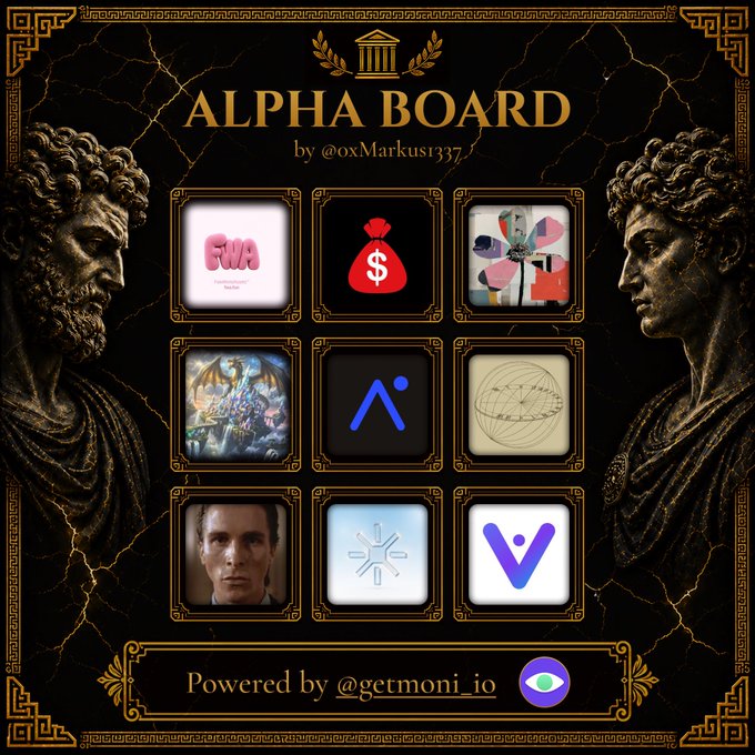 An ornate 'ALPHA BOARD by @oxMarkus1337' graphic featuring classical Roman-style statues flanking a 3x3 grid of app/project icons, powered by @getmoni_io.