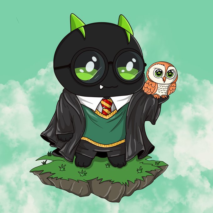 A digital illustration of a cute black cartoon character wearing round glasses, a Gryffindor-style sweater and tie, and a black robe, holding a small owl while standing on a floating grassy island.