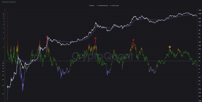 The image features a chart with multiple peaks and valleys, representing fluctuations within a financial graph. The title reads "Cyclic data" and there's an explanation written below it that discusses the dynamics of market trends. In the midst of this chart, there is a red line in a darker shade, which stands out among the other lines. A small text above the chart states that "We never reached the extended red zone this cycle. So what makes anyone certain we'll hit the lower blue boundary? The reality is that cycle metrics are evolving, and PA is becoming compressed/flat. Many people are expecting the same level of capitulation seen in previous cycles".
