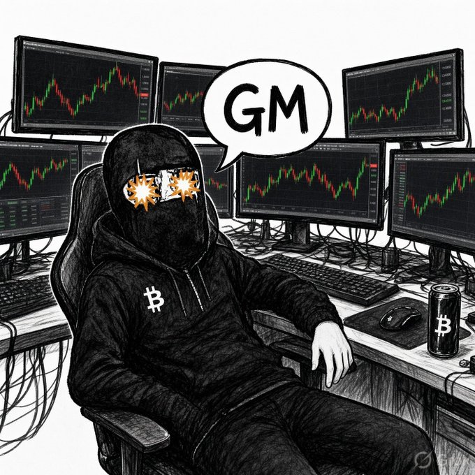 A masked figure in a Bitcoin hoodie sits before six monitors displaying candlestick charts, with a "GM" speech bubble above them and a Bitcoin-branded energy drink on the desk—embodying the crypto trader's morning greeting.