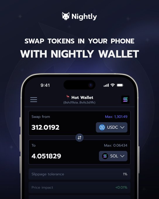 Mobile app advertisement for 'Nightly' featuring a wolf logo, promoting 'SWAP TOKENS IN YOUR PHONE WITH NIGHTLY WALLET' with an iPhone mockup showing a USDC to SOL token swap interface.