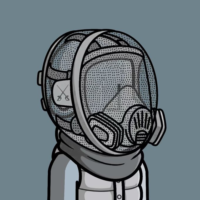 Cartoon illustration of a hazmat-suited figure wearing a full-face respirator mask and gas mask, rendered with a halftone dot texture on a gray-blue background.