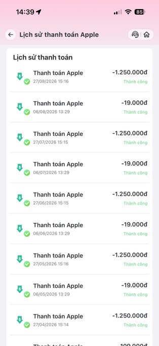 A screenshot in Vietnamese titled 'Lịch sử thanh toán Apple' (Apple Payment History) displaying a list of successful payments in Dong (đ), alternating between -1.250.000đ and -19.000đ amounts.