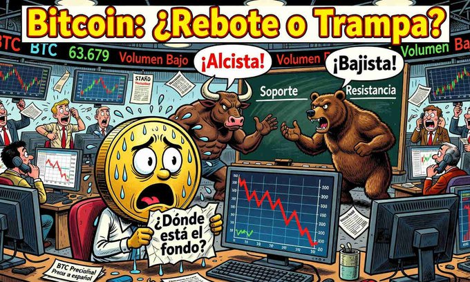 A cartoon illustration depicting financial market chaos with the Spanish headline 'Bitcoin: ¿Rebote o Trampa?' (Bitcoin: Bounce or Trap?), featuring a sweating coin character, a bull saying '¡Alcista!' (Bullish), a bear saying '¡Bajista!' (Bearish), and stock charts.