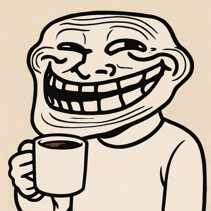 A classic black-and-white trollface meme grins widely while holding a mug of coffee, perfectly capturing the cheerful "Good morning frens" greeting with its exaggerated, mischievous smile.