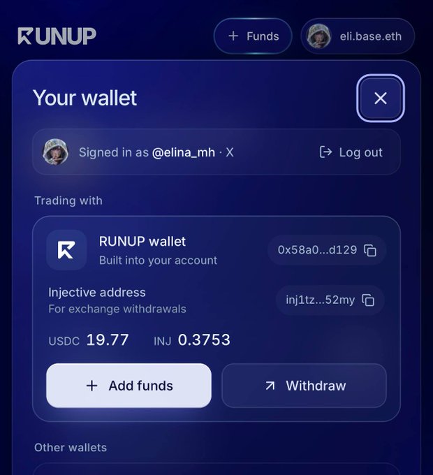A screenshot of a cryptocurrency wallet interface on the RUNUP platform, showing it is signed in as @elina_mh via X, with a balance of USDC 19.77 and INJ 0.3753.