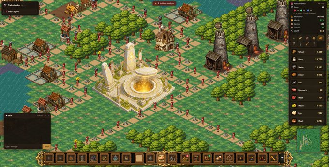 A screenshot of a city-building strategy game showing an isometric view of a settlement with workers, trees, buildings, and a resource panel on the right side listing materials like Wheat, Flour, Water, Bread, Fish, Livestock, Meat, Potato, Eggs, and Wood.