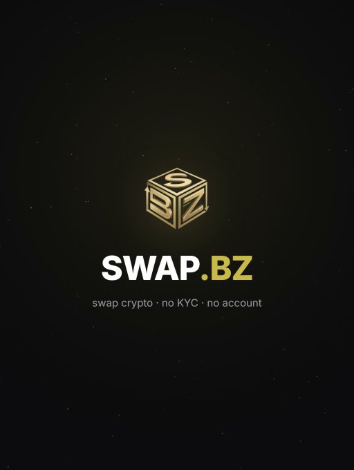 A promotional graphic on a black background displays a 3D cube logo with 'SBZ' and the text 'SWAP.BZ - swap crypto · no KYC · no account'.