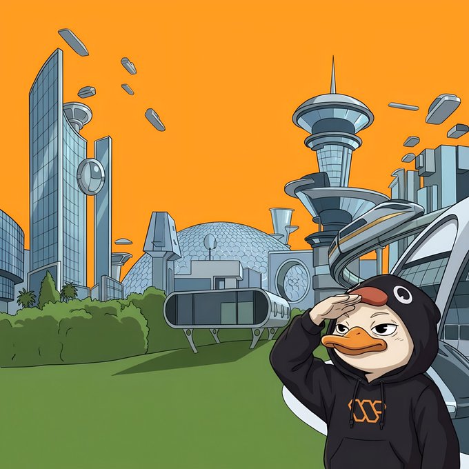 The image features a cartoon duck wearing a hoodie, standing next to a car, possibly at an event or gathering. The background shows a cityscape filled with buildings and futuristic designs, giving off a futuristic vibe. The caption of the image reads "One thing I've noticed since @wallchain Select launched: People aren' t just waiting for campaign results. They're curious about the matches. And that'S a subtle shift".