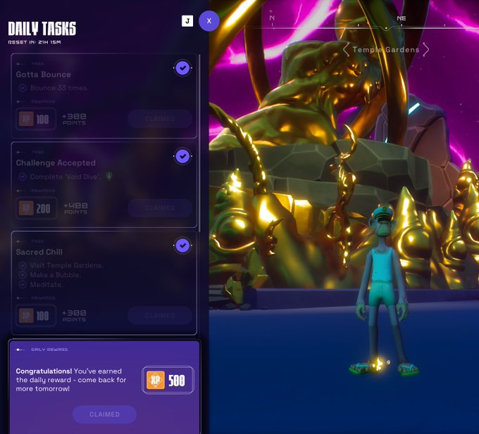 The image shows a computer screen displaying a game menu with various options, including "Daily Tasks" and "Chill". The main character of the game appears to be a cartoon frog wearing green shoes standing in front of a large rock formation or mountain. The background features purple and pink colors, creating an immersive gaming environment.