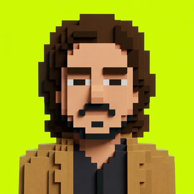 A pixelated voxel-art portrait of a bearded man with brown hair in a tan jacket against a bright green background, representing Vlad Tenev, the co-founder and CEO of Robinhood, in the style of a Stacker NFT.