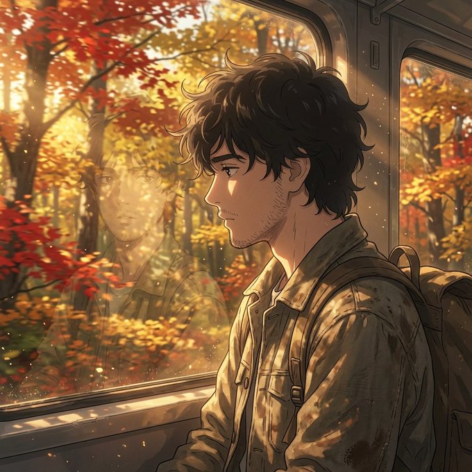 An anime-style illustration shows a young man with messy dark hair gazing out a window, his reflection visible in the glass against a backdrop of vibrant red and yellow autumn leaves.