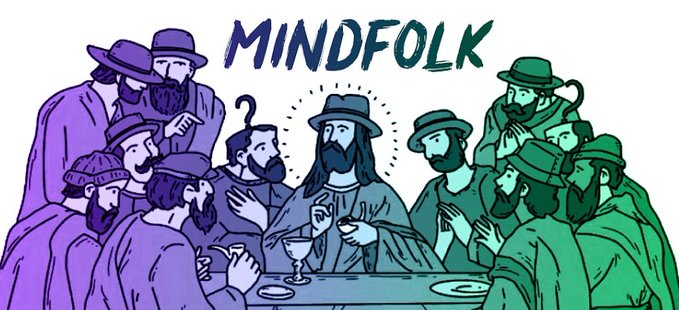 An illustrated scene parodying the Last Supper with Jesus and his disciples, labeled 'MINDFOLK' at the top, featuring figures in purple and green robes gathered around a table.