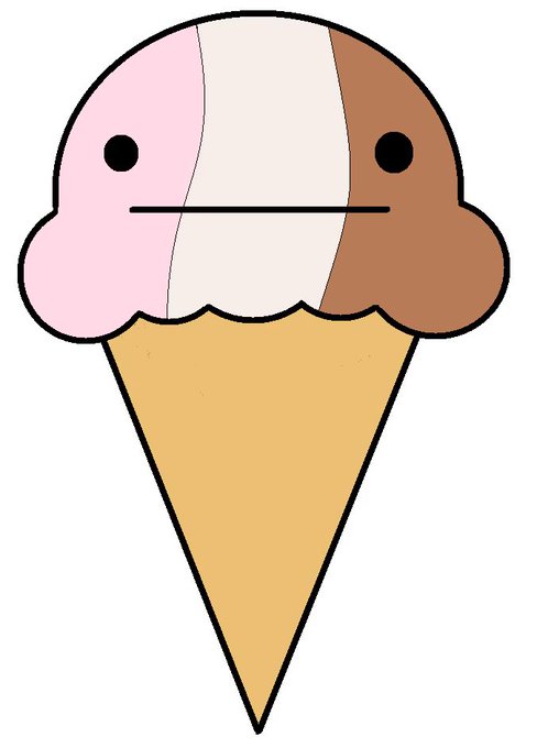 A simple cartoon illustration of a three-scoop ice cream cone with pink, vanilla, and chocolate scoops, each featuring a small dot for an eye and a straight line for a mouth.