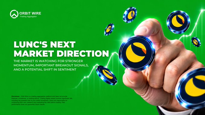 A promotional graphic titled 'LUNC'S NEXT MARKET DIRECTION' by Orbit Wire Trading Aggregator, featuring a hand holding a crypto coin amidst floating coins and a line graph on a green backdrop.