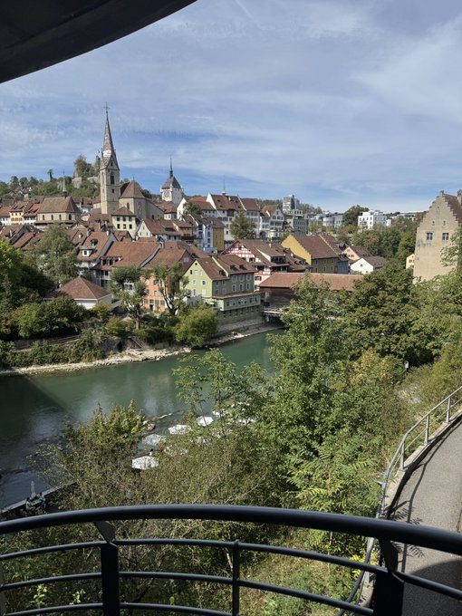 A scenic view of a European-style town with a church spire and red-roofed buildings situated along a river, taken from a balcony with a black railing.