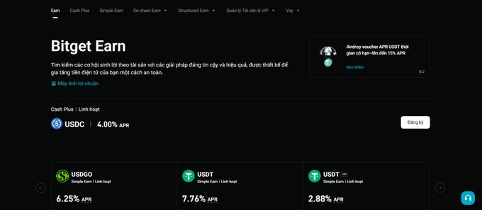 A screenshot of the Bitget Earn cryptocurrency platform showing various savings and staking options, including USDC at 4.00% APR, USDG at 6.25% APR, USDT at 7.76% APR, and USDT at 2.88% APR.