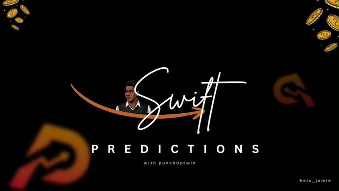 A logo-style graphic on a black background reads 'SWIFT PREDICTIONS with punchdotwin', featuring a small portrait illustration and the Amazon smile arrow, with floating Bitcoin symbols.