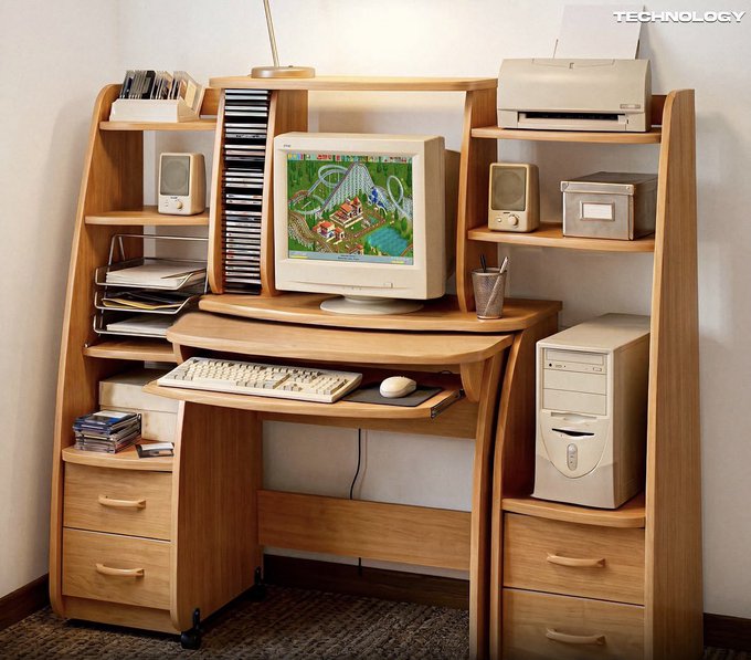 A wooden computer desk setup with a CRT monitor displaying a roller coaster scene, a keyboard, mouse, printer, desktop tower, speakers, and CDs, with the word 'TECHNOLOGY' in the top right corner.