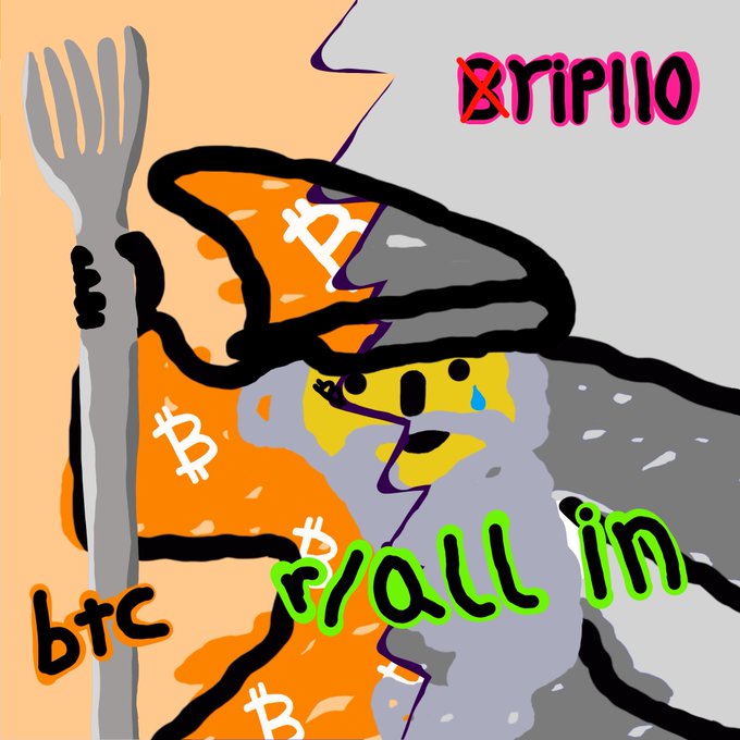 A crude digital drawing of a crying figure wearing a sombrero and holding a fork, with overlaid text reading 'RIPILIO', 'btc', and 'r/all in' alongside Bitcoin symbols.