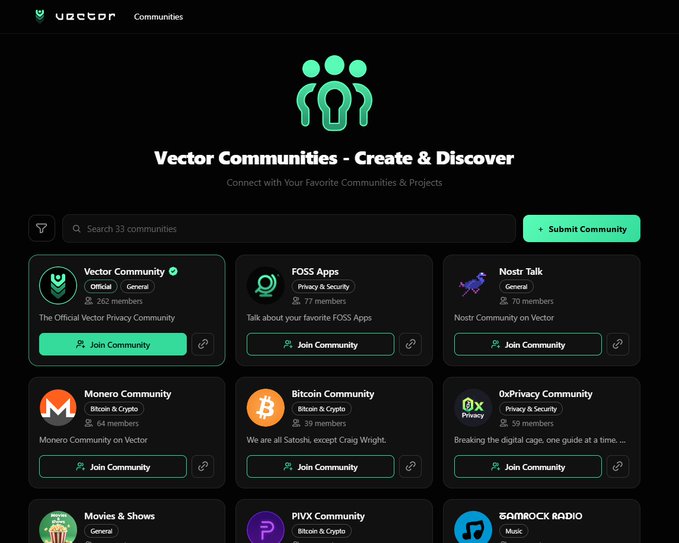 The Vector Communities platform homepage showing a grid of community cards such as Vector Community, FOSS Apps, Nostr Talk, Monero Community, and Bitcoin Community, each with Join Community buttons.