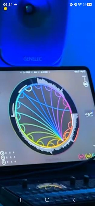 The image shows a laptop screen displaying a circular Lissajous figure visualization with colorful geometric patterns on what appears to be a "GENELEC" monitor in the background, likely from audio production or signal analysis software. The accompanying post "What is going on here?" suggests curiosity about the complex audio waveform visualization shown on the screen.