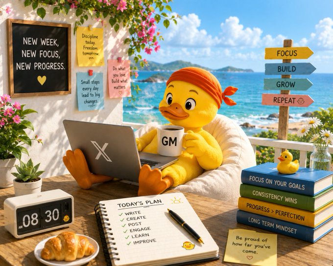 An AI-generated illustration depicts a yellow duck wearing an orange bandana working on a laptop with an 'X' logo, holding a 'GM' mug, surrounded by motivational notes including 'NEW WEEK, NEW FOCUS, NEW PROGRESS' and signs reading 'FOCUS BUILD GROW REPEAT'.