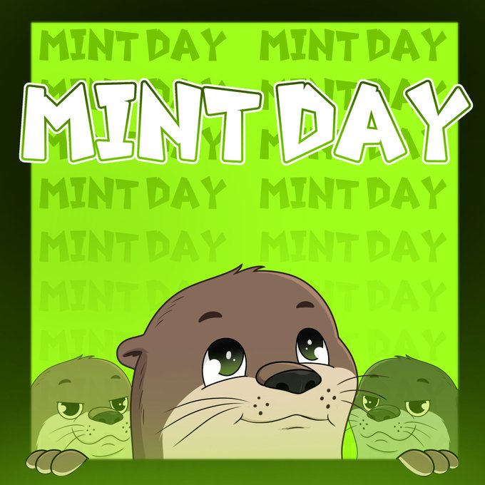 A cartoon otter peeks up from the bottom of a green "MINT DAY" graphic, promoting the 8888 Clever Otters NFT collection on Robinhood Chain with mint price 0.001 ETH, as referenced in the stream announcement.