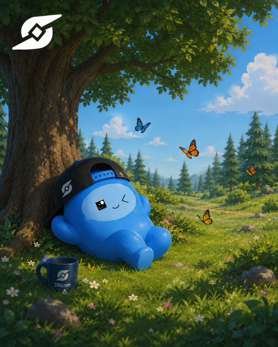 Digital illustration of a blue cartoon mascot character wearing a black cap, relaxing against a tree in a sunny meadow with butterflies and a DilliCoin branded mug nearby.