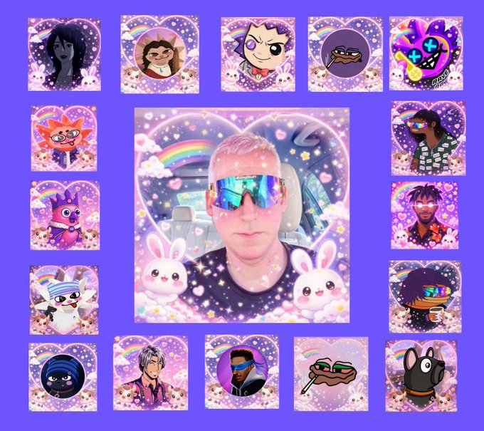 A purple background features a grid of heart-framed cartoon avatars with rainbow and bunny motifs, with the central large photo of a person in a pilot seat wearing reflective sunglasses, representing the "1%" of $JAMES airdrop holders who didn't sell and got rich, contrasted with the surrounding profile pictures of those who did.