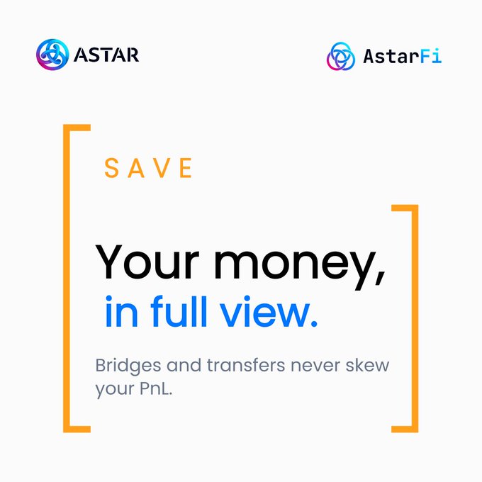 The image is a promotional graphic featuring the Astar and AstarFi logos at the top, with the headline "Your money, in full view" and the subtext "Bridges and transfers never skew your PnL." It visually reinforces AstarFi's value proposition of accurately tracking onchain portfolios by distinguishing transfers from actual losses, ensuring transparent PnL reporting.