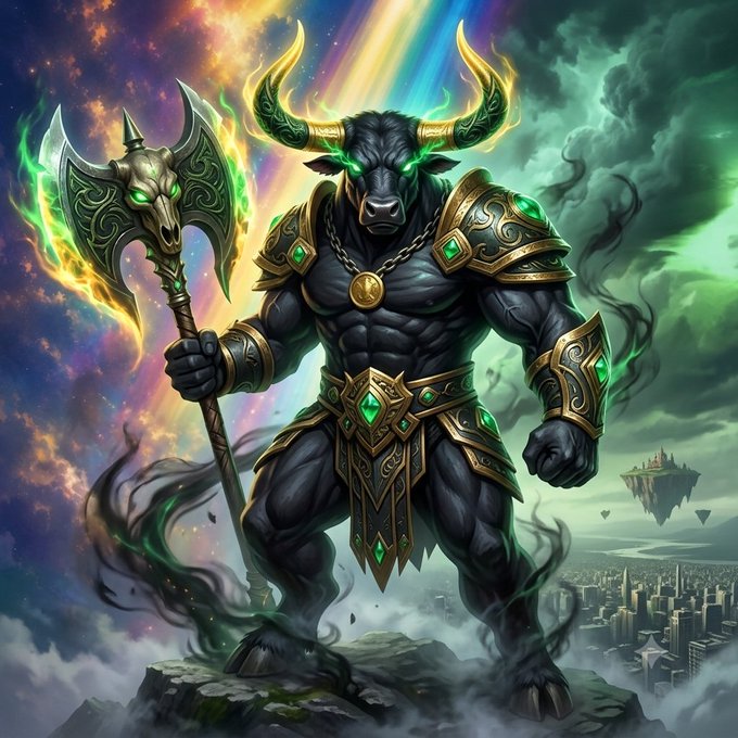 A fantasy illustration of a muscular, armored minotaur wielding a glowing axe, standing on a rocky outcrop with a rainbow and floating islands in the background.