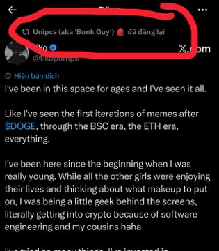 A screenshot of a post by user "Unipcs (aka 'Bonk Guy')" under the handle @theunipcs, who has been tagged as "đã đăng lại" (meaning "reposted") from "tiko" @tikopumps, with the post text discussing the user's long history in the crypto space across multiple eras including $DOGE, BSC, and ETH, serving as the context for a discussion about Unipcs' involvement with $PONS and Marscoin.