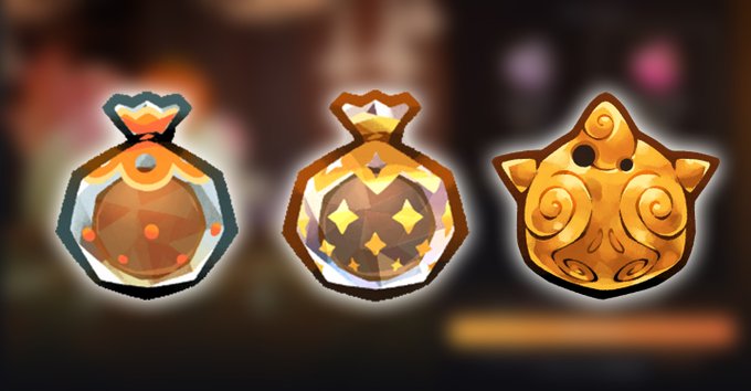 Three ornate golden pouches are displayed in a row against a blurred background, featuring intricate designs like gem-encrusted centers, a starry night pattern, and a stylized cat face. The image visually responds to the post's invitation by showcasing the different types of collectible pouches players can obtain in the game.