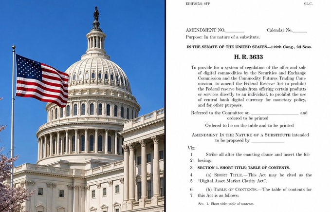 The image shows the U.S. Capitol Building alongside a page from H.R. 3633, a Senate bill amendment establishing a system for regulating digital commodity trading, including the "Digital Asset Market Clarity Act." This relates to the post about Senate Republicans releasing a revised CLARITY Act, indicating imminent legislative progress on cryptocurrency regulation, which is significant for Bitcoin and the broader crypto industry.