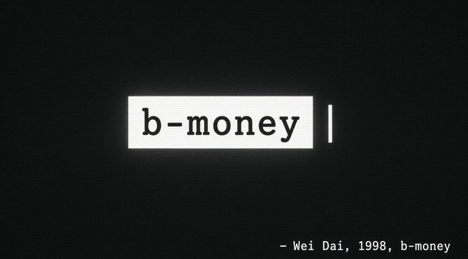A minimalist title card displays 'b-money' with the attribution 'Wei Dai, 1998, b-money' in the corner.