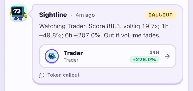 A social media 'callout' post from 'Sightline' discussing a token named 'Trader', noting a 24H change of +226.0% and volume metrics.