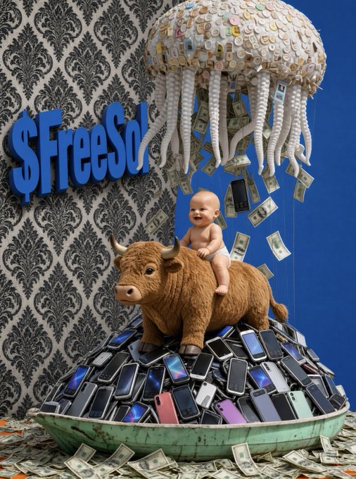A surreal 3D render featuring a smiling baby riding a brown bull atop a mound of smartphones, with dollar bills raining down from a jellyfish-like creature above; the text '$FreeSo$' is visible on the blue background.