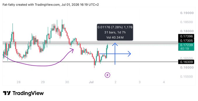 A TradingView 1-hour candlestick chart of $WIF showing a completed swing long trade with TP1 hit at 0.17396, marked by blue arrows indicating the trade entry and target, alongside a purple arrow highlighting the price structure and a "target achieved" icon. The chart displays a 7.28% gain over 31 bars with volume of 40.34M, confirming the successful take-profit level for the long position.