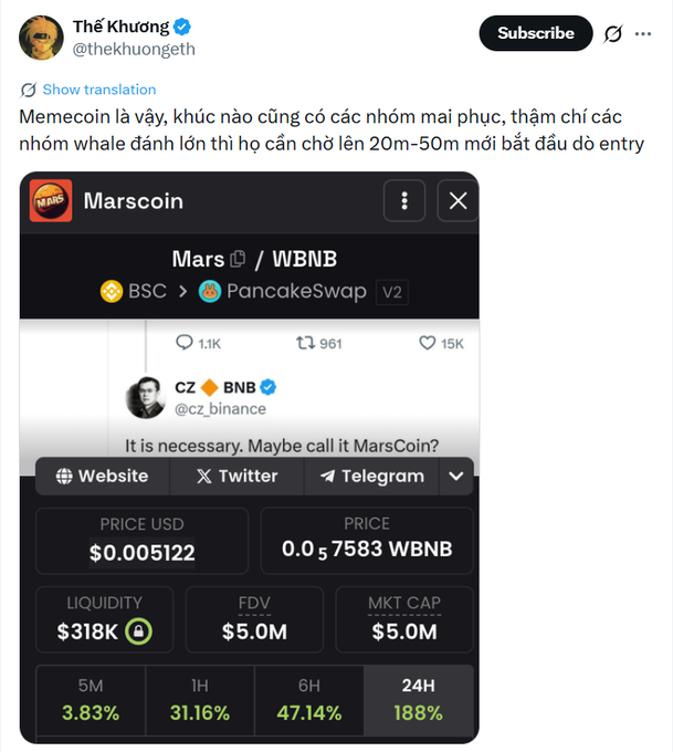 A tweet from user @thekhuongeth shows a DexScreener page for Marscoin (Mars/WBNB) on PancakeSwap, highlighting CZ Binance's past tweet about MarsCoin, with metrics including a price of $0.005122, $318K liquidity, $5.0M FDV/market cap, and a 24H gain of 188%, supporting the post's claim that Marscoin was called early at a low market cap.