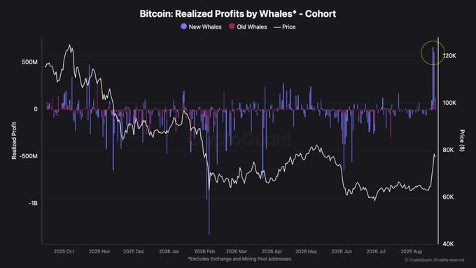 A line and bar chart titled 'Bitcoin: Realized Profits by Whales* - Cohort' showing New Whales and Old Whales data alongside Bitcoin price, with the price reaching approximately 120K and a highlighted spike in whale profits near August 2026, sourced from CryptoQuant.