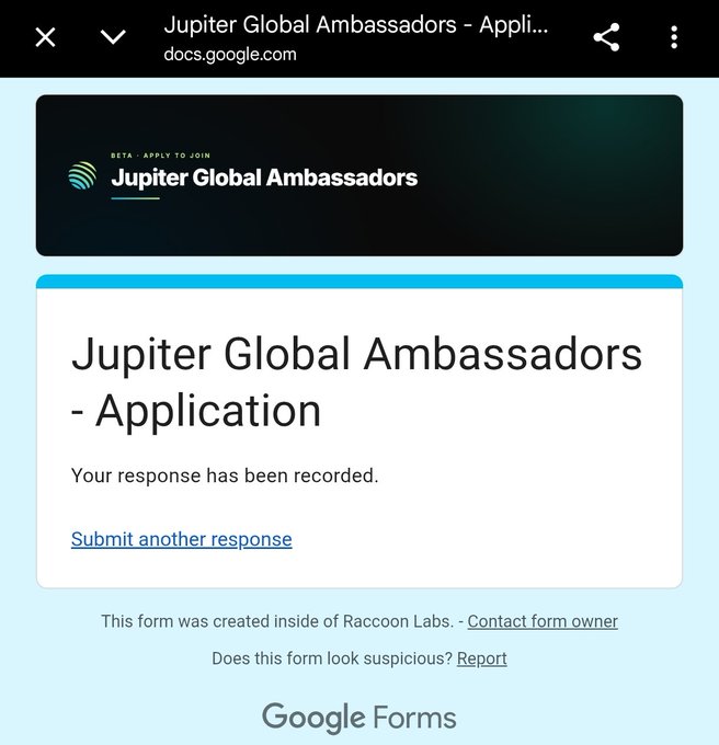 Screenshot of a Google Forms confirmation page titled "Jupiter Global Ambassadors - Application" showing the message "Your response has been recorded," indicating the user has successfully submitted their ambassador program application for Jupiter Mobile.