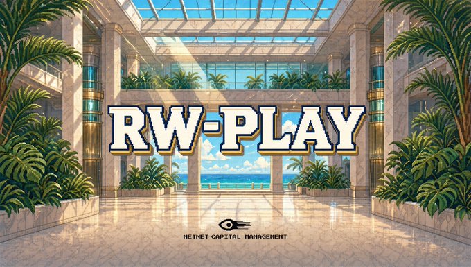 The image is a vibrant pixel-art illustration of a luxurious indoor atrium with palm trees, marble floors, and an ocean view, overlaid with bold text reading "RW-PLAY" and "NETNET CAPITAL MANAGEMENT" beneath a small eye logo.

The "RW-PLAY" title in the image ties directly to the post's update on NetNet Capital Management's "RW-Play" desk (referred to as "DIAL UP"), with the retro arcade-style font visually emphasizing the gaming/playing theme used to describe the desk's 15,000 plays and $308B in notional volume.