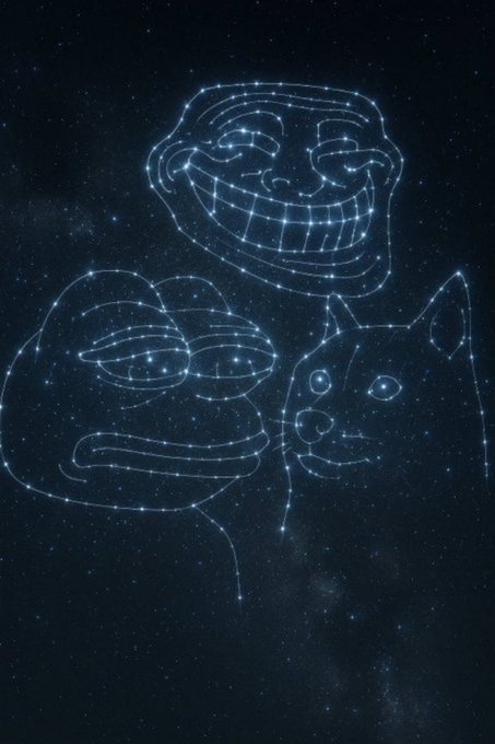 The image features a poster with three cartoon faces, including a frog face, a cat face, and a troll face, all set against a starry night sky backdrop. The troll face has a big smile, while the other two faces have exaggerated expressions that resemble a frog's eyes or a cat's facial features. The text "It was always written in the stars... You just had to look up!" is also present on the poster.