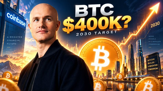 Thumbnail-style image of Brian Armstrong (Coinbase CEO) with text 'BTC $400K? 2030 TARGET' and an upward arrow over Bitcoin imagery.