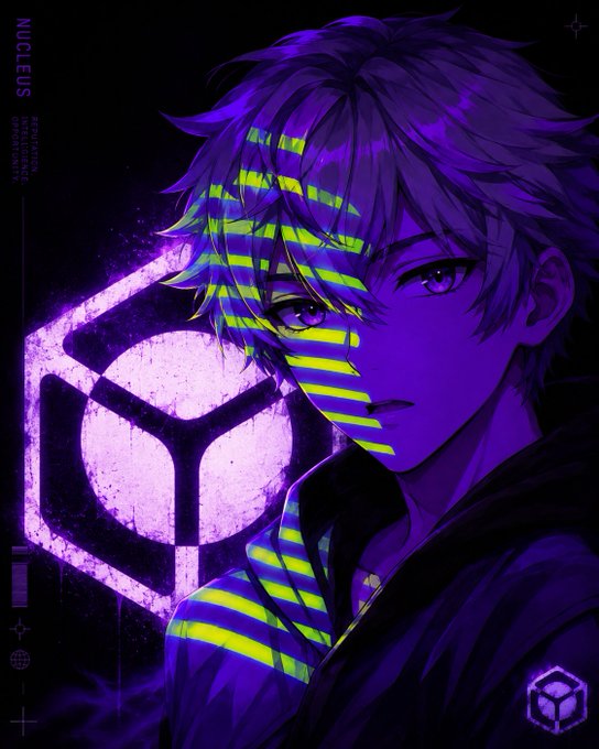 A stylized anime illustration features a purple-haired male character with glowing green and purple striped lighting across his face, accompanied by the text "NUCLEUS" and "GENERATION" along the side.