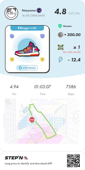 A STEPN app screenshot showing a sneaker NFT named 'Jogger Lv30' by user Naoyama, displaying stats: 4.8 GST/Min, 4.94 Km, 01:03:07 Time, 7386 Steps.