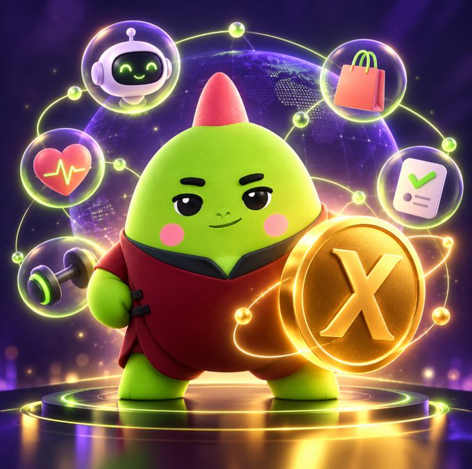 AI-generated illustration of a green mascot character in a red outfit holding a golden coin with 'X' on it, surrounded by floating bubbles depicting an AI robot, shopping bag, heart with heartbeat, dumbbell, and checklist icons.