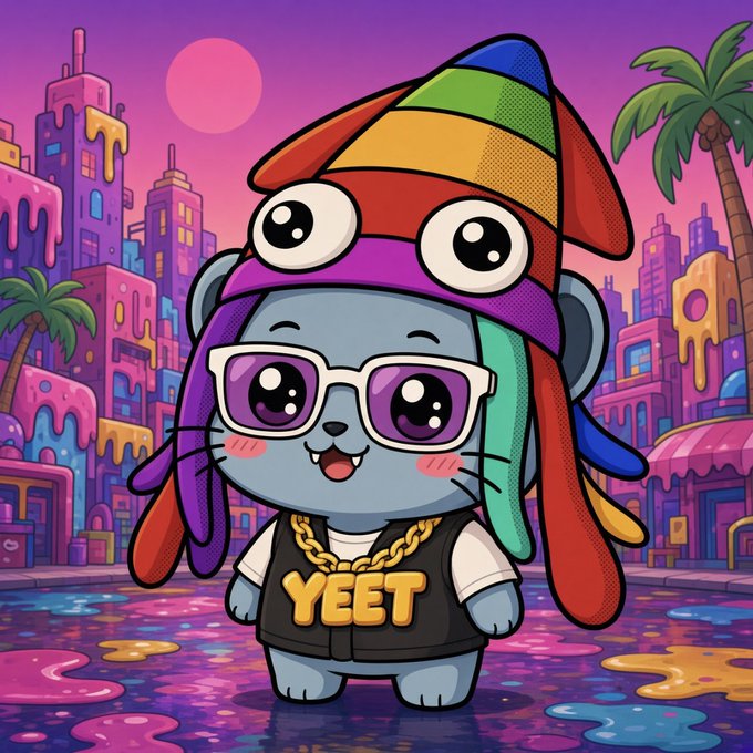 A cartoon illustration of a gray cat character wearing a rainbow-colored hat, purple sunglasses, a gold chain, and a black shirt with 'YEET' written on it, standing in a vibrant purple and pink cityscape.