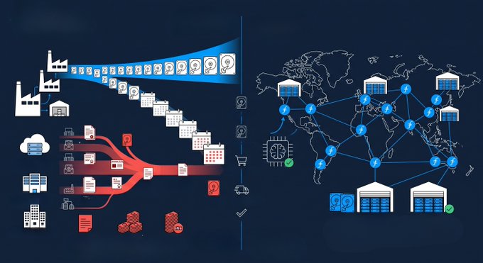 The image contrasts supply shortages on the left, showing factories struggling to meet growing demand for HDDs and data storage devices (shown by red question marks), with Filecoin's global distributed storage network on the right, represented by interconnected data centers across a world map providing immediate, secured capacity.